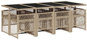 9 pcs conjunto de jantar p/ jardim com almofadões vime PE bege