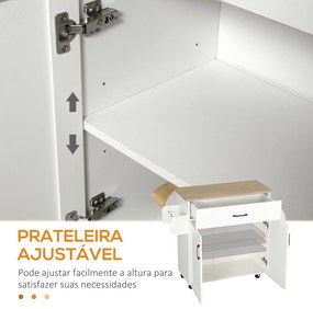 Carrinho de Cozinha com 1 Gaveta 2 Portas Suporte para Panos e Especies Carrinho Auxiliar com Rodas para Sala de Jantar Carga Máxima 105x36x85cm Branc