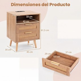 Mesa de Cabeceira, 45 x 35 x 61,5 cm, Estação de Carregamento Integrada, Natural