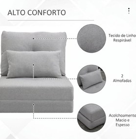 Sofá-Cama Individual Dobrável Revestido em Linho com Encosto Ajustável 5 Posições 1 Almofada Cinzento Claro