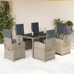 7 pcs conjunto de jantar p/ jardim c/ almofadões vime PE cinza