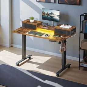 Secretária elétrica alta ajustável em altura, 120 x 60 x (72-120) cm, com suporte para monitor e estação de carregamento castanha