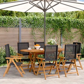 Cadeiras jardim reclináveis 6 pcs vime PE/madeira maciça preto