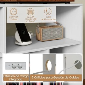 Suporte para gira-discos e discos vinil 100 x 40 x 74,5 cm com estação de carregamento com 5 pés metálicos, portas USB e Type-C Branco