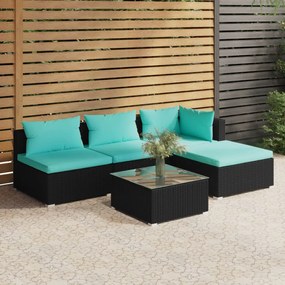 vidaXL 5 pcs conjunto lounge de jardim c/ almofadões vime PE preto