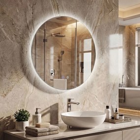 Espelho redondo LED de 60 cm com luz; espelho de casa de banho para montagem na parede com intensidade de luz ajustável e controlo tátil