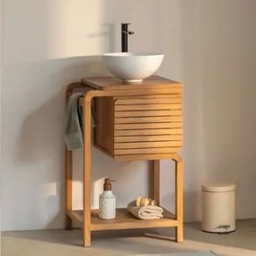 Conjunto De Móvel De Casa De Banho Em Madeira De Teca Bradley Cerâmica Branca Redonda Ø30 Cm Calgari & Sem Espelho & Preto - Sklum