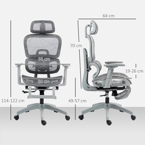 Cadeira de escritório, 66x64x122 cm ergonómica em malha com braços 3D, encosto reclinável, cinzenta
