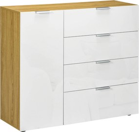 HOMCOM Aparador Sala Estar 4 Gavetas Alto Brilho Prateleiras Ajustáveis Design Moderno 105x35x92 cm Branco Madeira | Aosom Portugal