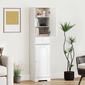Coluna Casa de Banho com 2 Portas Arqueadas Gaveta e Prateleiras Ajustáveis Armário Alto Casa de Banho 40x29,5x170 cm Branco com Veios