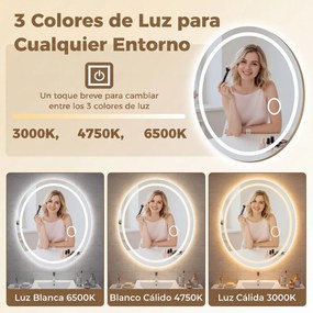 Espelho Oval de Banho, 60 x 50 x 4 cm, Iluminação LED Regulável, Cinzento prateado