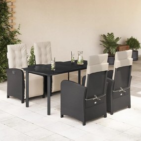 5 pcs conjunto de jantar p/ jardim c/ almofadões vime PE preto