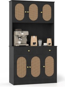Armário Despensa Cozinha 100 x 40 x 180 cm com Estação de Carregamento 6 Portas de Rattan 2 Gavetas 4 Prateleiras Ajustáveis Móvel Boho Preto