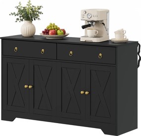 Aparador de Sala, 121 x 37 x 75 cm, Prateleiras Reguláveis em Altura, Preto