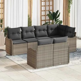 Conjunto de Sofá de Jardim vidaXL de 7 Peças com Almofadas Cinzento Vime Poliéster