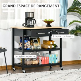 Carrinho de cozinha com rodas 91,4  x 45,6  x 85  cm, 2 prateleiras e 2 gavetas, preto e madeira natural