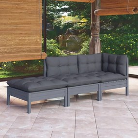 3 pcs conjunto lounge de jardim c/ almofadões pinho maciço