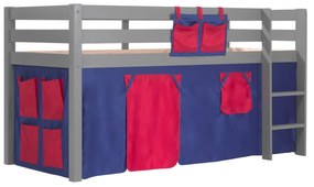 Cama alta de Criança PINO 90 x 200 cm + estrado + escada + cortina Domino Cinzenta