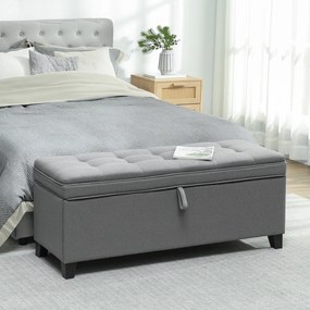 Banco com arrumação de 112 L, 120 x 40 x 48 cm banco de cabeceira em tecido de linho, assento estofado, cinzento escuro