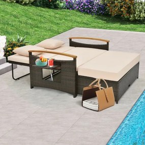 Sofá-cama de rattan para exterior com apoio para os pés com arrumação Encosto ajustável em 4 níveis e tabuleiros laterais retrácteis mistura de castan