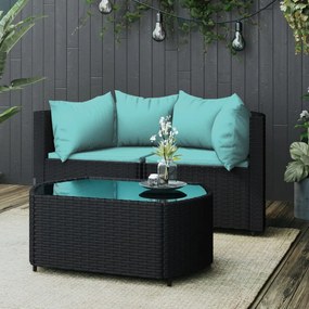 vidaXL 3 pcs conjunto lounge de jardim c/ almofadões vime PE preto