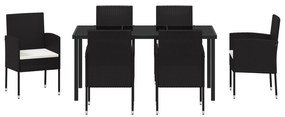 Conjunto de Jantar de Jardim 7 Peças com Almofadas Preto Rattan Poliés
