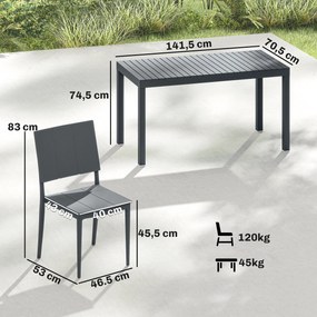 Conjunto de Mesa e Cadeiras de Jardim com Mesa de Ripas e 4 Cadeiras Empilháveis para Terraço ou Pátio Cinza