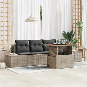 vidaXL Conjunto de Jantar de Jardim de 5 Peças com Almofadas Cinza em Rattan de Polietileno e Acácia