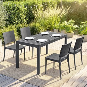 Conjunto de Mesa e Cadeiras de Jardim com Mesa de Ripas e 4 Cadeiras Empilháveis para Terraço ou Pátio Cinza