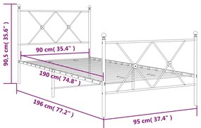 Estrutura de cama com cabeceira e pés 90x190 cm metal branco