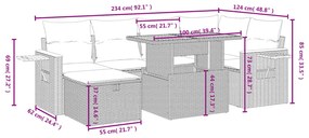 7 pcs conjunto sofás p/ jardim c/ almofadões vime PE cinzento