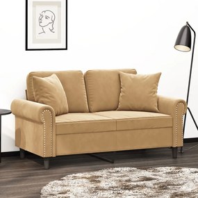 Sofá 2 lugares c/ almofadas decorativas 120 cm veludo castanho