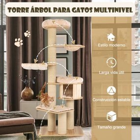Arranhador para gatos Altura 191 cm Centro de atividades para gatos com poleiro espaçoso Rede postes para arranhar e tapetes laváveis Bege
