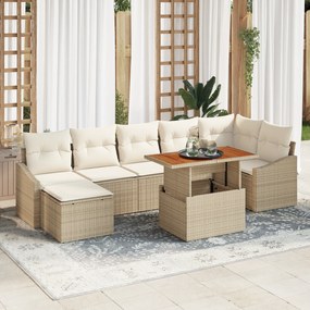 Conjunto de Jantar de 8 Peças com Almofadas Bege Rattan Acácia