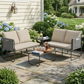 Conjunto de Jardim de 4 peças Móveis de Exterior com 2 Sofás de 2 Lugares 2 Mesas de Vidro Almofadas Capas Removíveis Preto e Bege