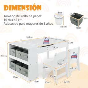 Conjunto de mesa elevatória e 2 cadeiras de arte para crianças Secretária de brincar 2 em 1 com rolos de papel Copos de tinta 6 recipientes Branco