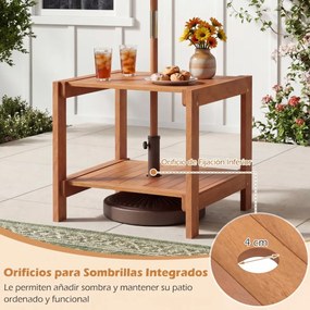 Mesa apoio de madeira para jardim com 2 níveis de arrumação e orifício para guarda-sol de 4 cm (51 x 48 x 45 cm), ideal para pátio, terraço ou varanda