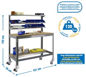 Bancada de Trabalho SIMONWORK MOBILE BT1 1500 CINZENTO/MADEIRA Casa, Escritório, Garagem, Oficina Capacidade 120 Kg Dimensões 1520x1510x760 mm