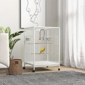 Gaiola para Pássaros com Rodas Poleiros Baloiço Bandeja Removível e Tigelas de Aço Inoxidável  48x46x78 cm Branco