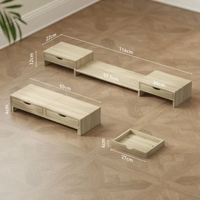 Suporte elevatório para monitor de computador de secretária, 60-116 C x 22 L x 12 A cm, com 2 gavetas, comprimento e ângulo ajustáveis cor carvalho