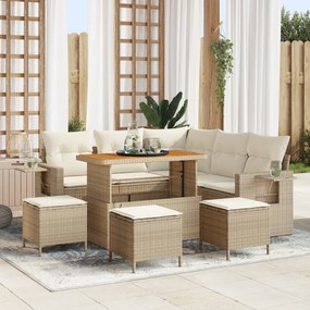 Conjunto de Sofá de Jardim vidaXL de 9 Peças com Almofadas Bege Rattan Poliéster Acácia