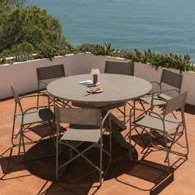 Conjunto De Mesa Extensível 145-200x145 Cm Em Alumínio Barces E 6 Cadeiras De Diretor Dobráveis De Jardim Em Aço Melida Moka Brown - Sklum