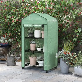 Mini estufa de jardim com 3 prateleiras 69 C x 49 L x 130 A cm, lona de PE de alta densidade, porta enrolável, 4 rodas Verde