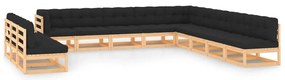 12 pcs conj. lounge jardim c/ almofadões antracite pinho maciço