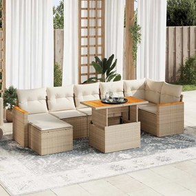 8 pcs conjunto sofás jardim com almofadões vime PE/acácia bege