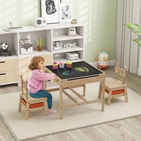 Conjunto de mesa e 2 cadeiras infantil 4 em 1 com quadro branco reversível e giz 2 gavetas de armazenamento de madeira Robot