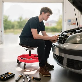 Banco de Oficina Móvel com Bandeja Magnética Altura Ajustável de 52–59,5 cm Carga 135 kg Banco para Mecânico com Rodas para Garagem Reparação de Autom
