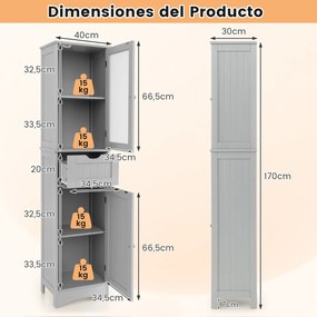 Armário Alto de Casa de Banho com 2 Portas e 1 Gaveta, 40 x 30 x 170 cm, Prateleiras Ajustáveis, Cinzento
