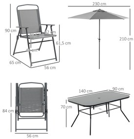 Outsunny Conjunto de Móveis de Jardim 8 Peças com 6 Cadeiras Dobráveis Mesa com Bancada de Vidro e Chapéu de Sol Inclinável Proteção Solar para Terraço Exterior Cinza
