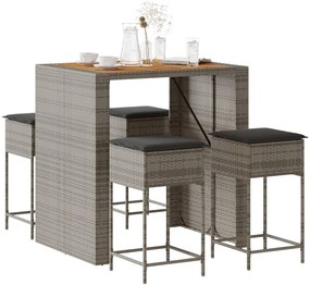 vidaXL 5 pcs conjunto de bar p/ jardim c/ almofadões vime PE cinzento